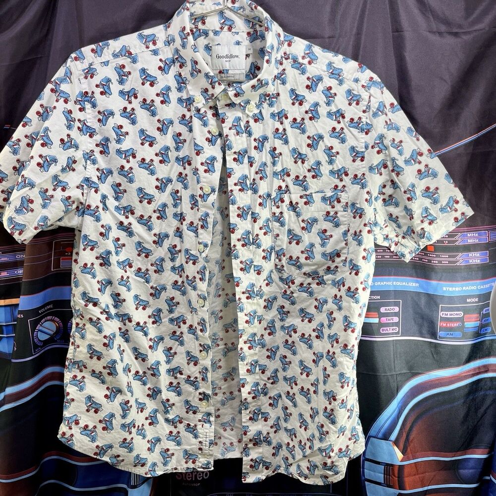 Goodfellow & Co. Blue Red Roller Skates Surf Hawaiian Button Down Men's Slim M